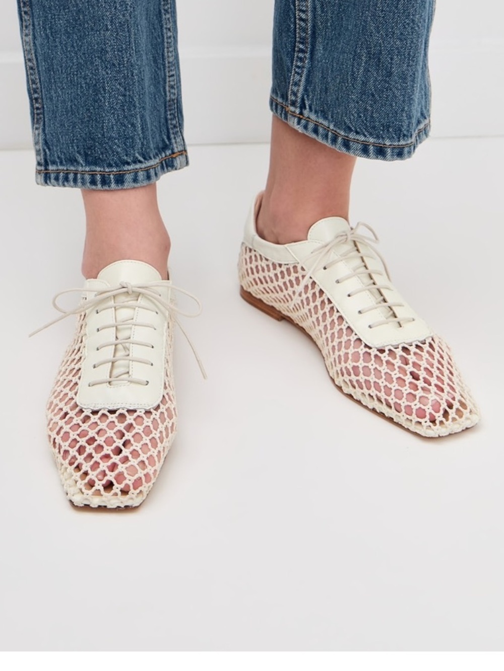 Andrea Gomez White Lace-Up Mesh Flats